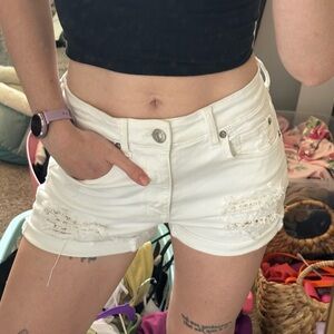 American Eagle Outfitters White Distressed Floral Lace Denim Shorts